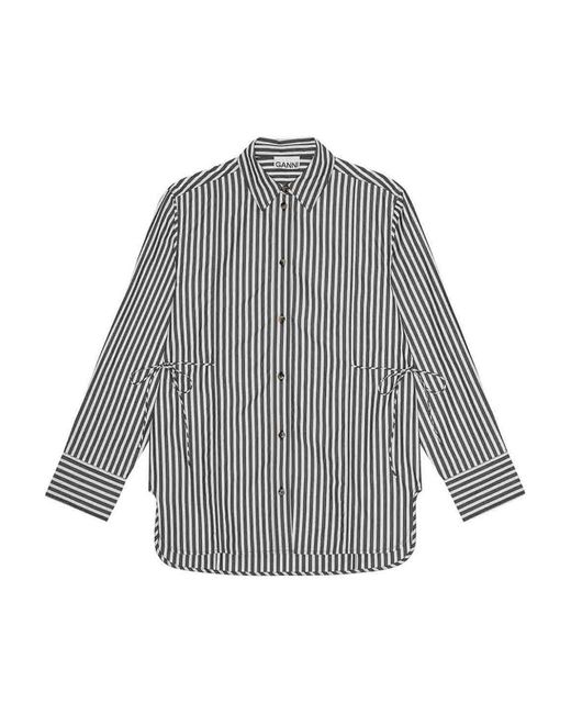 Ganni Gray Stripe Cotton Oversized Tie String Shirt