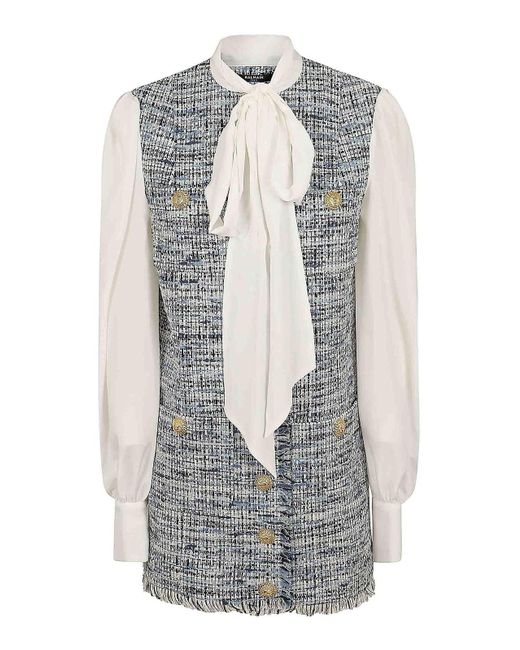 Balmain White 4 Pkts Pussy Bowl Tweed Crepe Dress