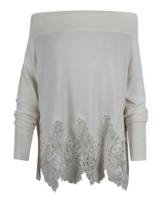 Ermanno Scervino Gray Cotton Sweater With Lace Embroidery
