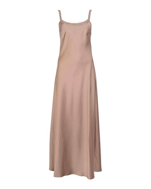 D. EXTERIOR Natural Long Satin Dress With Mocha Sequin Detail