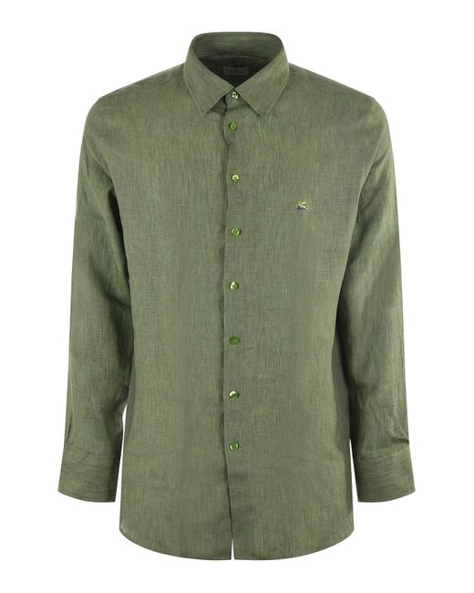 Etro Green Embroidered Logo Linen Shirt for men