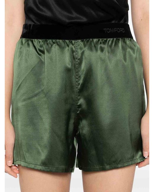 Tom Ford Green Stretch Silk Satin Pj Shorts