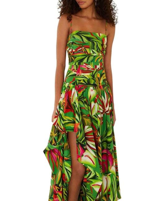 Farm Rio Green Long Tropical Dress With Thin Straps