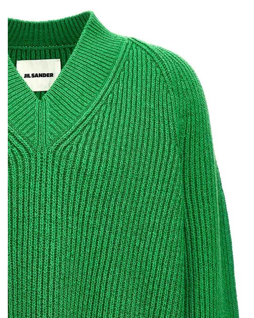 Jil Sander Green V-Neck Oversized Cotton Blend Sweater for men