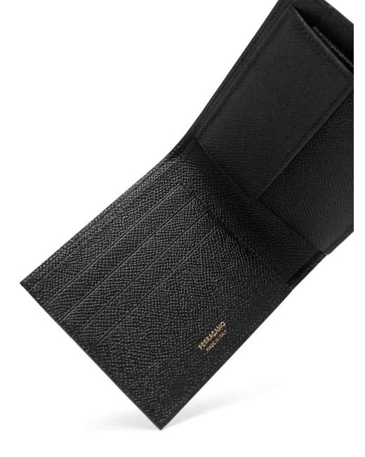 Ferragamo Black Gancini-Plaque Grained Leather Wallet for men