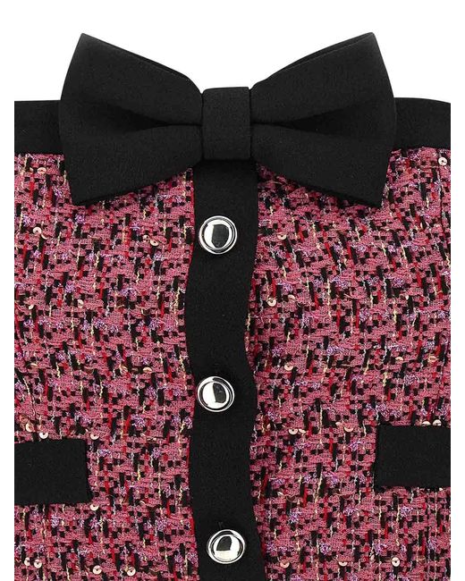 Alessandra Rich Red Wool Blend Tweed Top With Micro-Sequin Embroidery And Bow Detail