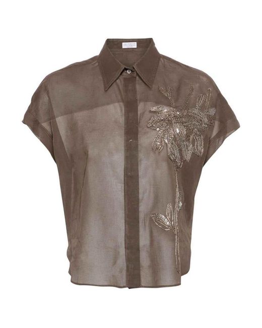 Brunello Cucinelli Brown Floral Embroidery Shirt