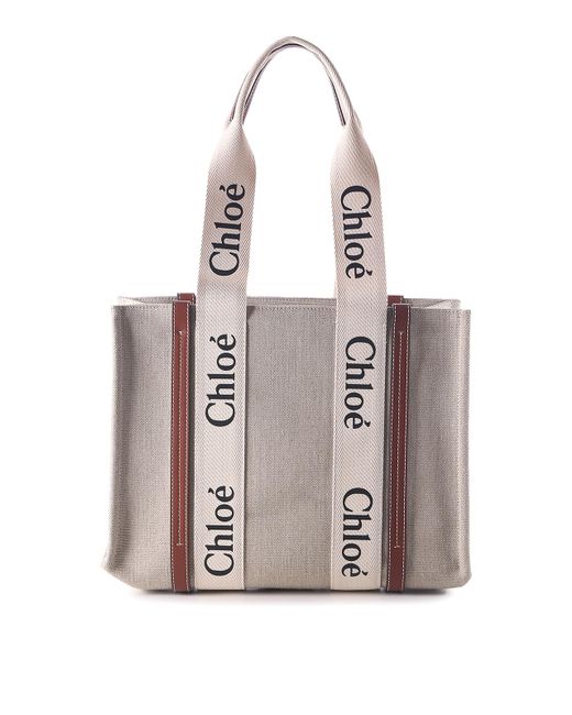 Chloé Natural Double Long Handle Linen Bag With Logo