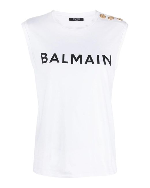 Balmain White Optical Button Shoulder Logo T-shirt