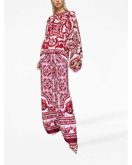 Dolce & Gabbana Red Majolica-Print Crewneck Blouse