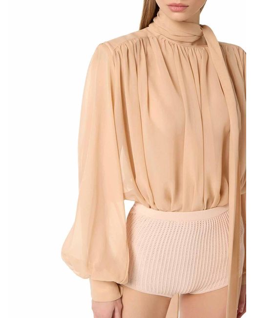 Elisabetta Franchi Natural Silk Georgette Bodysuit With Sash By