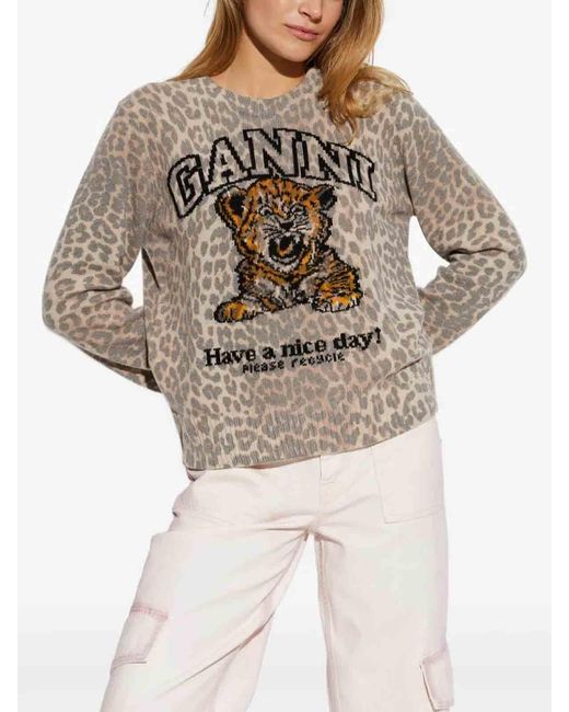 Ganni White Graphic Wool Sweater Tiger