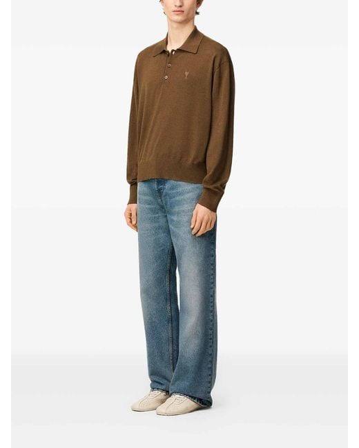 AMI Brown Wool-Silk Blend Polo Shirt for men