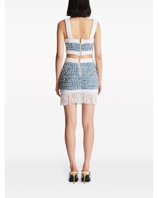 Balmain Blue Fringed Denim Tweed Skirt