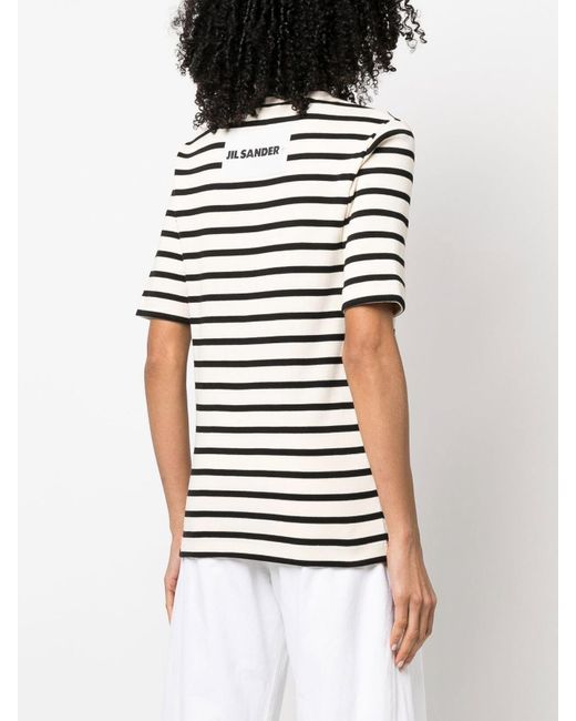 Jil Sander Black Fine Ribbed Striped T-Shirt With Logo Patch