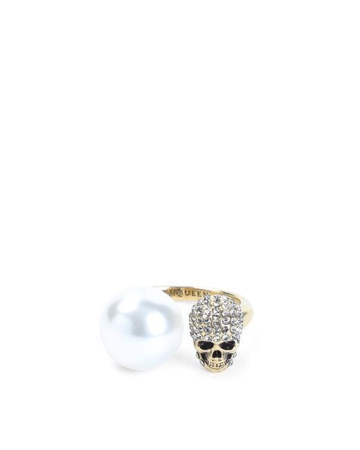 McQueen White Pearly Skull Ring