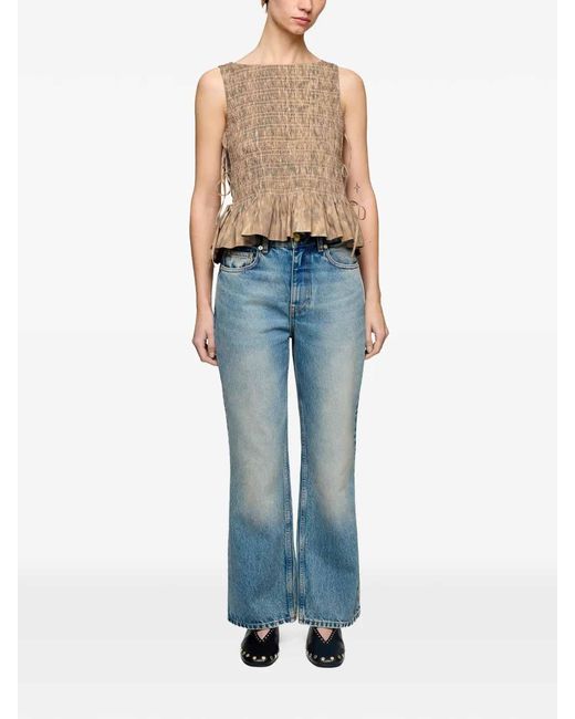 Ganni Natural Printed Stretch Cotton Smocked Tie String Top