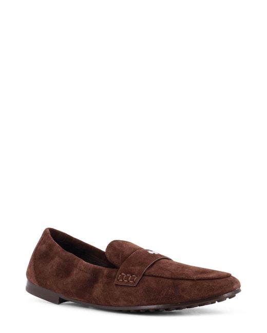 Tory Burch Brown Suede Moccasin With Metal Logo Detail