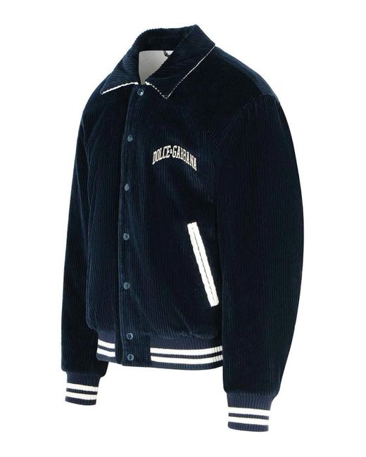 Dolce & Gabbana Blue Corduroy Jacket With Embroidered Logo for men