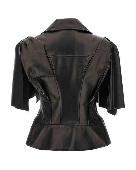 McQueen Black Sleeveless Leather Jacket With Knotted Drapery