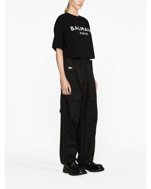 Balmain Black Logo Cropped Cotton T-Shirt