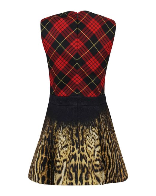 Roberto Cavalli Red Mini Dress With Tartan Top And Leopard Skirt