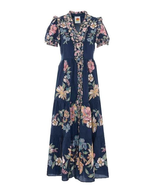 Farm Rio Blue Dark Maira Floral Dress