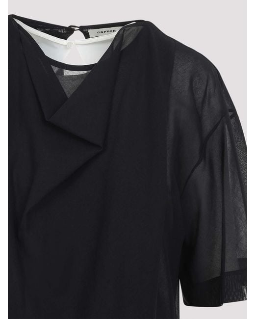 Carven Black Sheer Draped Midi Dress