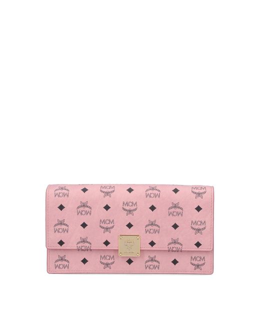 MCM Pink Large Wallet With Logo Shoulder Strap