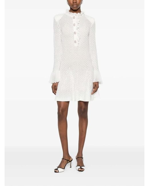 Self-Portrait White Pointelle Knit Mini Dress