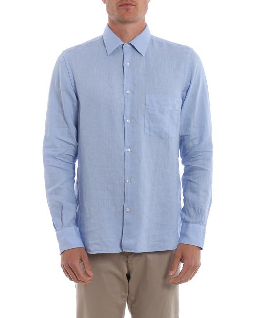 Aspesi Blue Linen Shirt With Patch Pocket for men