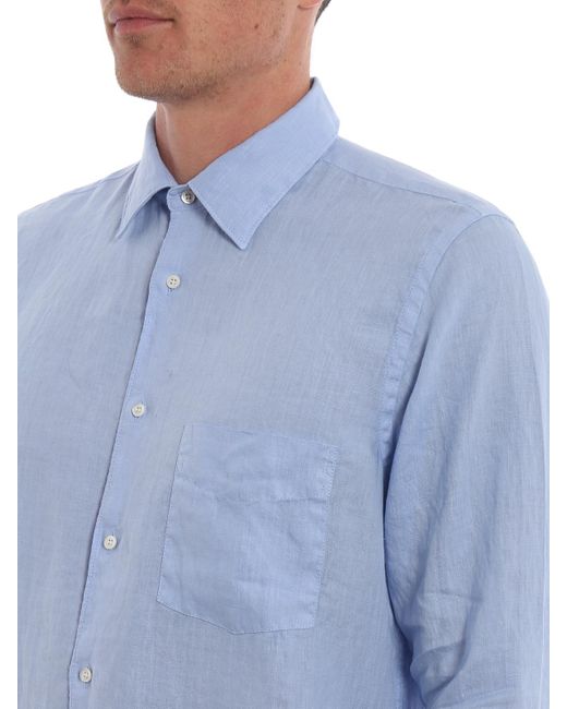 Aspesi Blue Linen Shirt With Patch Pocket for men