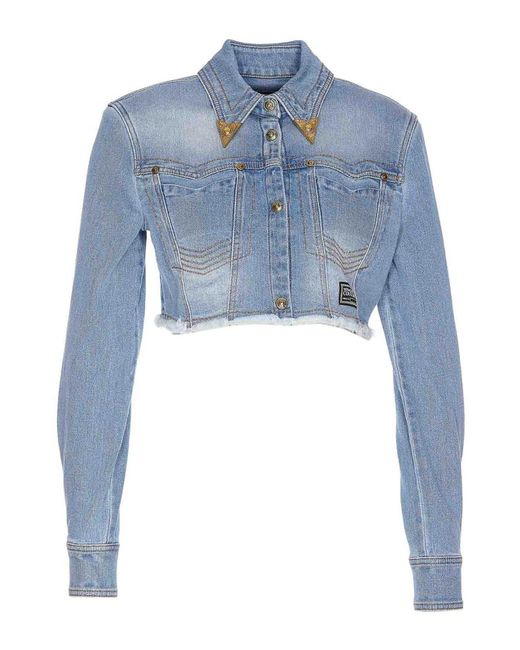 Versace Blue Denim Jacket Button Classic Collar Cropped