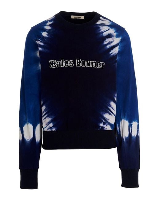 Wales Bonner Blue Logo Embroidery Tie Dye Sweatshirt for men