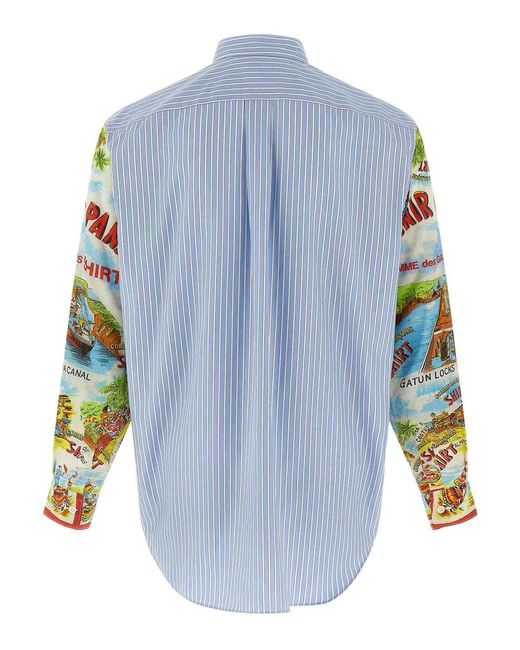 Comme des Garçons Blue Patterned Sleeve Cotton Poplin Shirt With Asymmetrical Hem for men