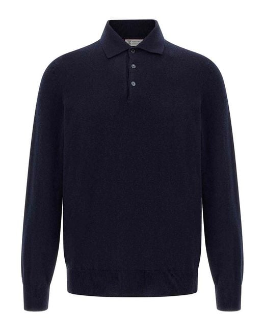 Brunello Cucinelli Blue Cashmere Polo Shirt for men