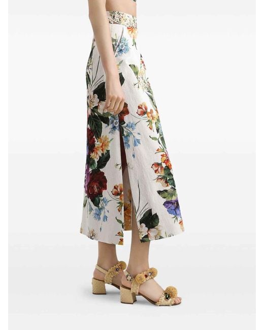 Dolce & Gabbana White Flower Bouquet Print Midi Skirt