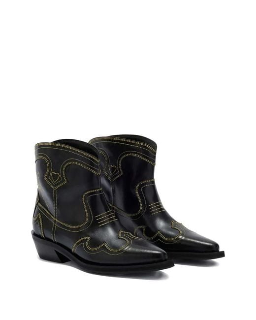 Ganni Black Low Shaft Embroidered Western Boot Oleatex