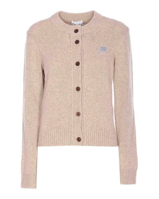 Ganni Natural Knitwear With Long Sleeves And V-Neck