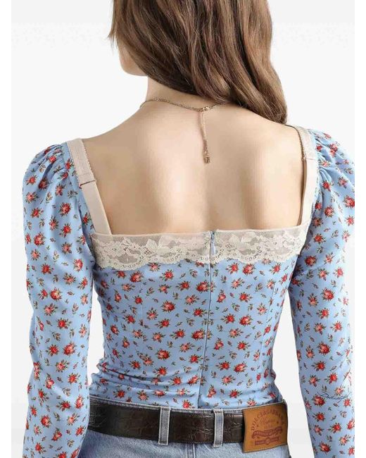 Dolce & Gabbana Blue Silk-Blend Rose Print Top