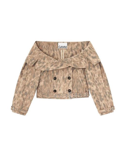 Ganni Natural Printed Stretch Cotton Open Collar Jacket