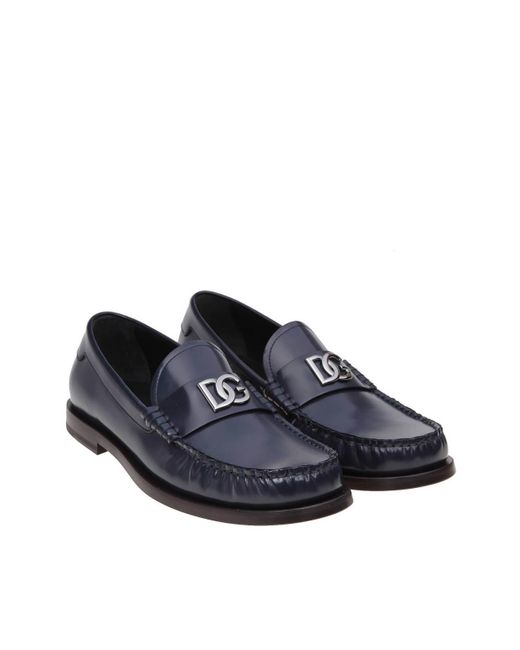 Dolce & Gabbana Blue Leather Moccasin With Dg Logo for men