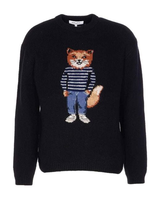 Maison Kitsuné Blue Dressed Fox Embroidered Sweater for men