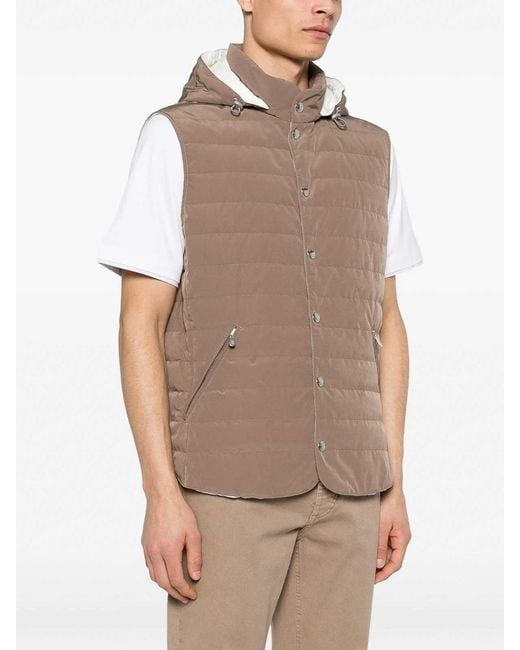 Brunello Cucinelli Brown Hooded Sleeveless Jacket Quilted Texture Pockets for men