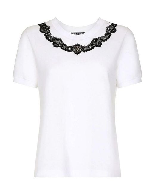 Dolce & Gabbana White Jersey T-Shirt With Dg Logo And Lace Inserts