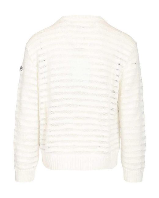 MM6 by Maison Margiela White Open Knit Stripe Cotton Crewneck Sweater for men
