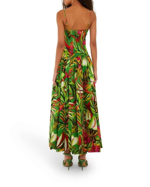Farm Rio Green Long Tropical Dress With Thin Straps