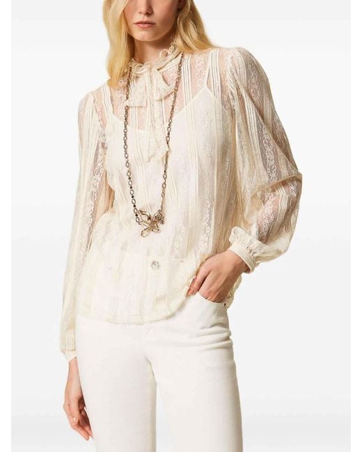 Twinset Natural Ivory Lace Blouse With Lavallire Collar