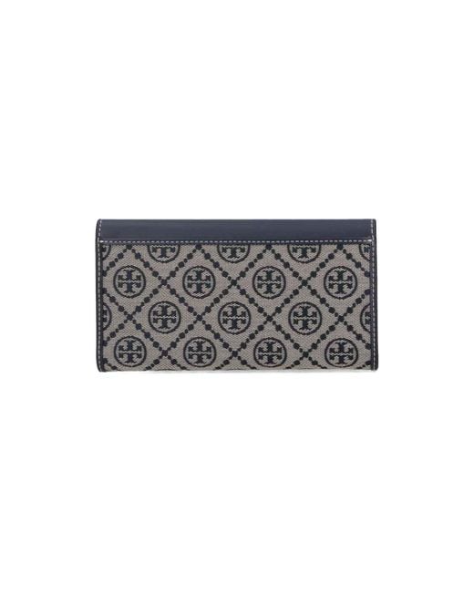 Tory Burch Blue Leather And T Monogram Fabric Wallet