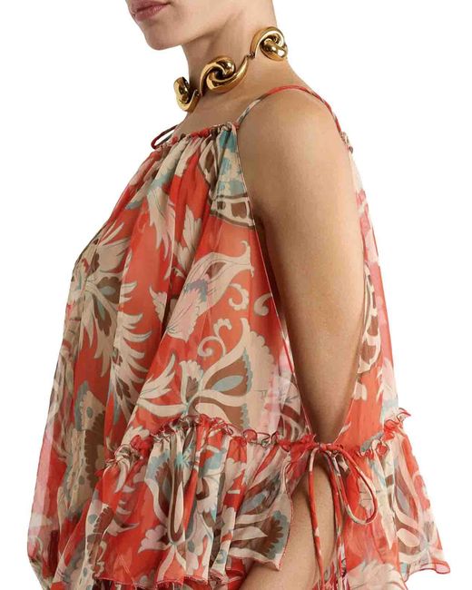 Etro Red Single-Sleeved Silk Top With Floral Pattern